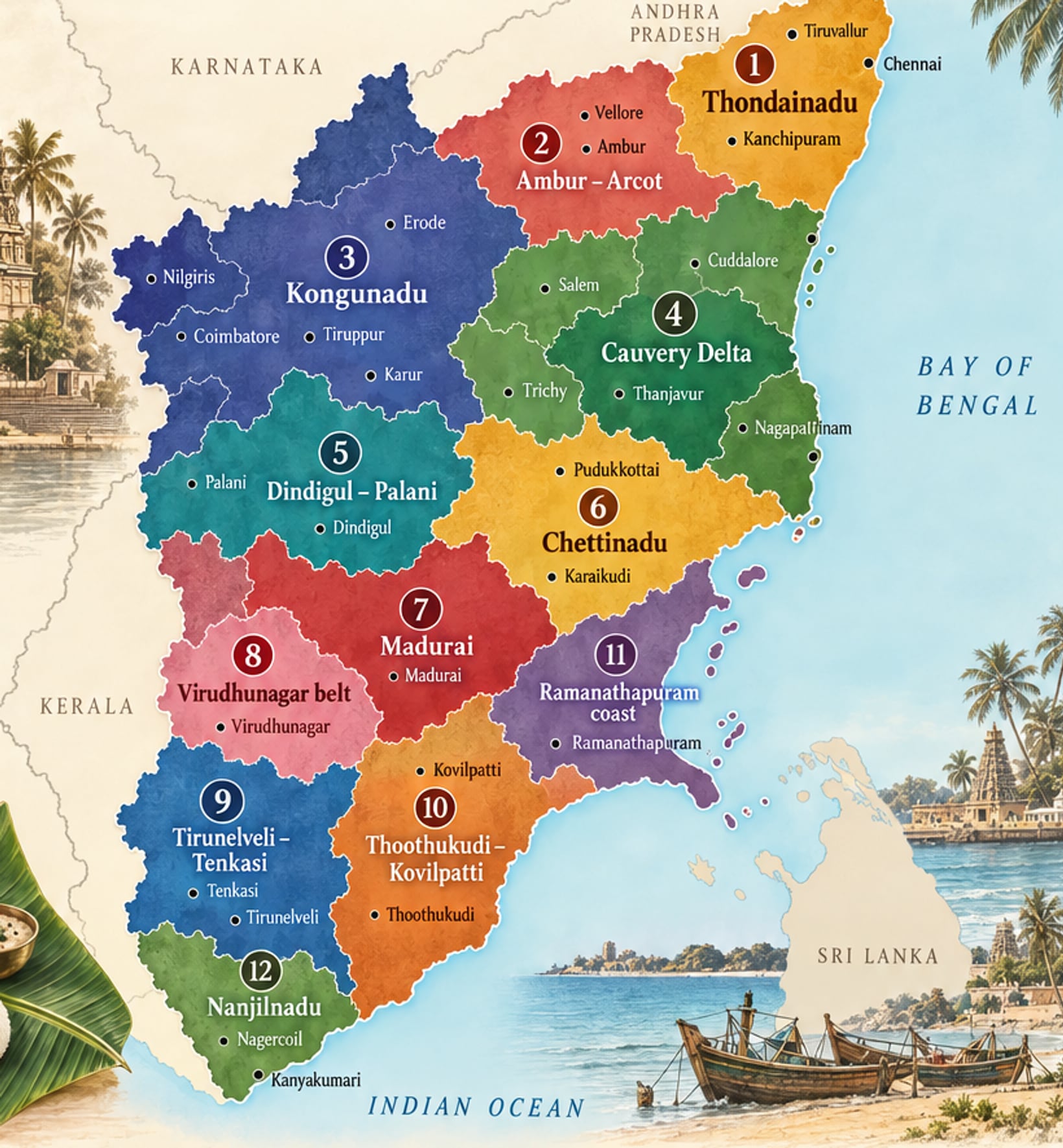 Map of Tamil Nadu with its twelve culinary zones coloured and numbered