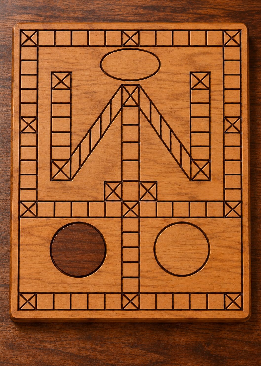 The Dhayam board: a wooden board engraved with the frame, the W, the spine and two home circles