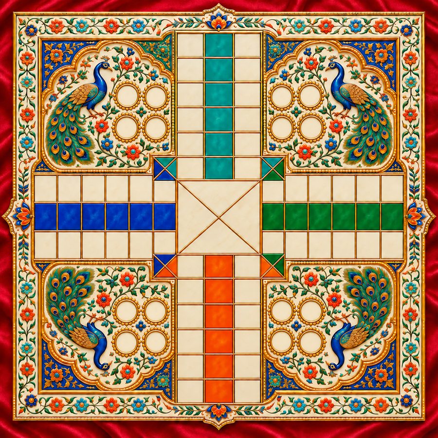 The Tanjavur Dhayam board: a cross-shaped track with peacocks in the corners