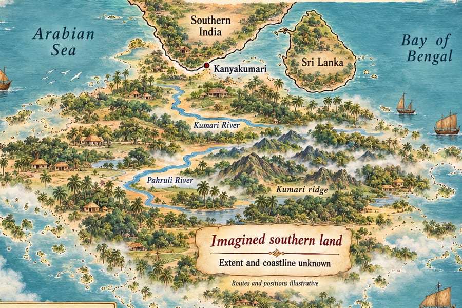 An illustrated southern land with rivers, hills and palm groves surrounded by sea