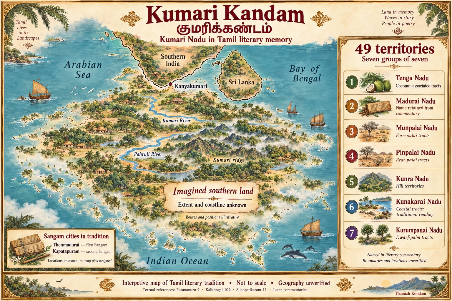 An illustrated map titled Kumari Kandam: an imagined southern land below Kanyakumari and Sri Lanka with the Kumari River, the Pahruli River and the Kumari ridge, a note that its extent and coastline are unknown, a legend of the seven groups of territories, and the Sangam cities Thenmadurai and Kapatapuram listed without map pins