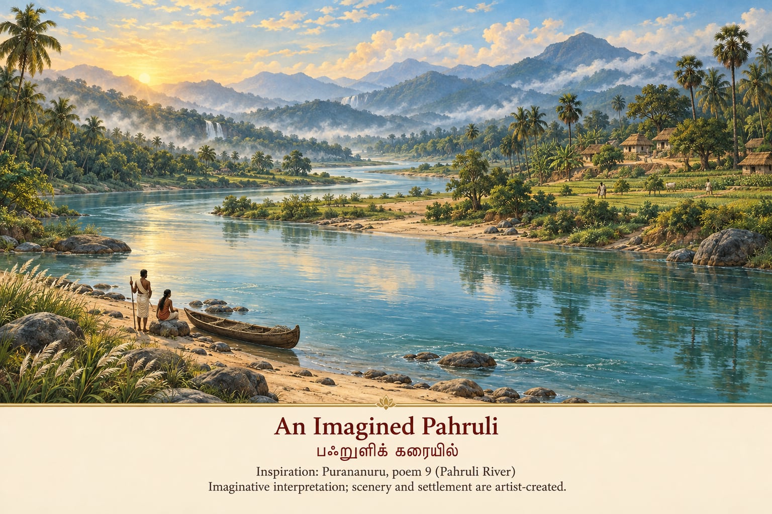 An imagined Pahruli River at dawn, winding between forested hills, palm groves and small thatched settlements. The image caption cites Purananuru, poem 9, and identifies the scenery as artist-created.