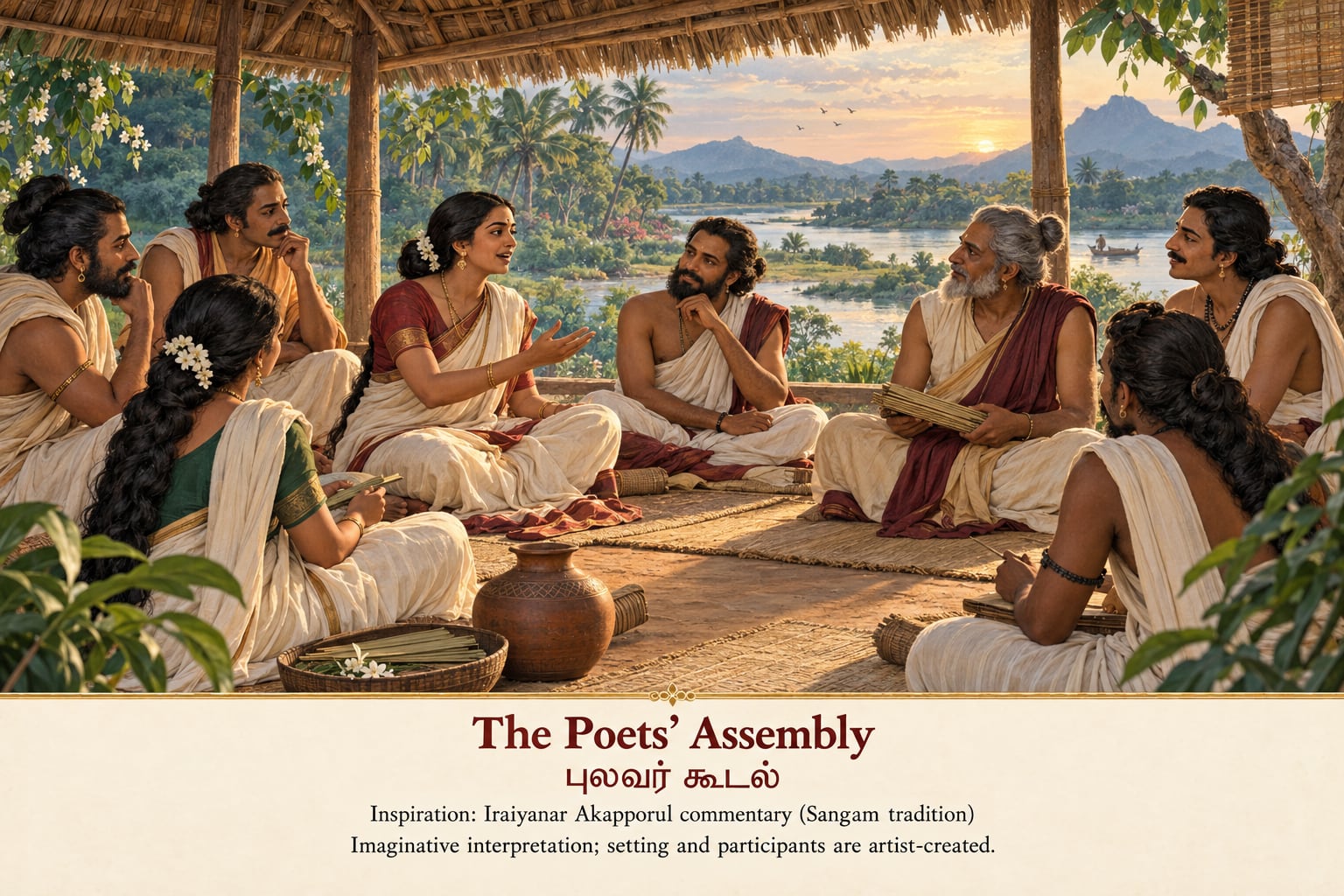 An imagined gathering of Tamil poets exchanging ideas under a thatched pavilion beside a river. Palm-leaf manuscripts rest in their hands and on woven mats. The caption cites the Iraiyanar Akapporul commentary and labels the setting and people as artist-created.