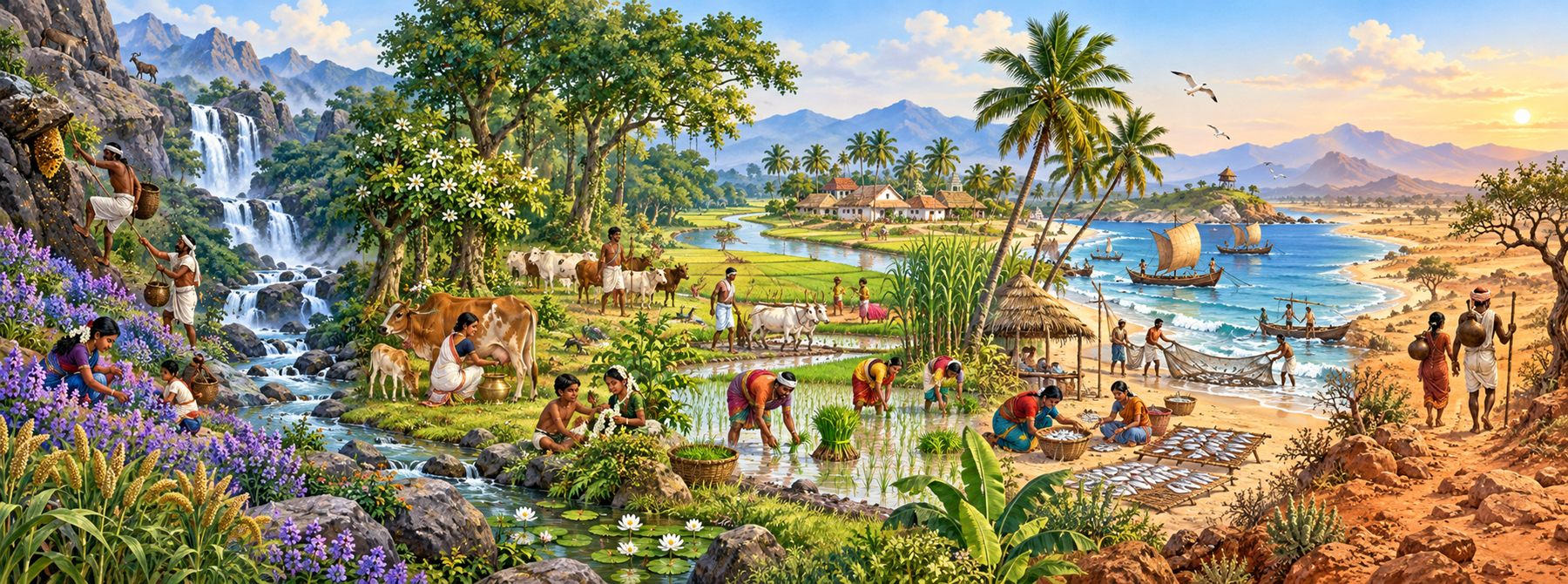 The five Tamil landscapes in one scene, from left to right: honey gatherers and millet by a mountain waterfall, herders and cows in the forest, farmers planting paddy by a river, fishers with boats and nets on the shore, and travellers on a dry path