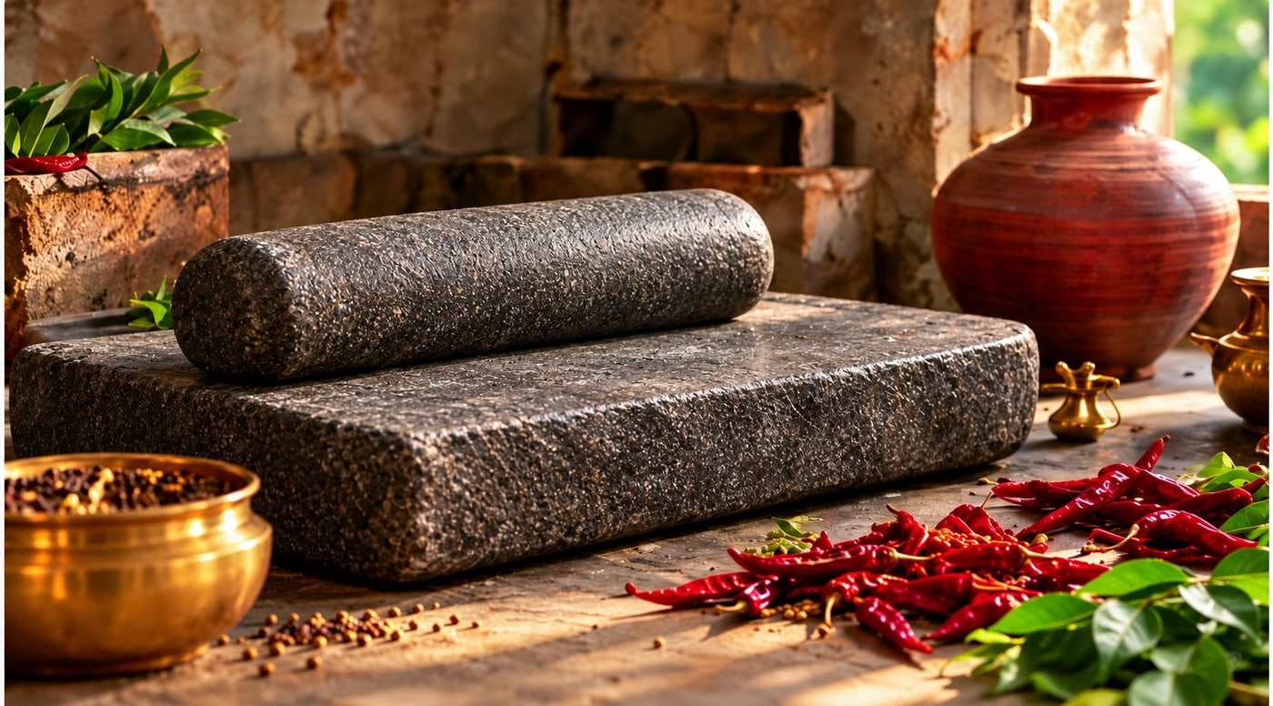A stone ammikkal and grinding stone beside a clay pot, brass vessels and red chillies