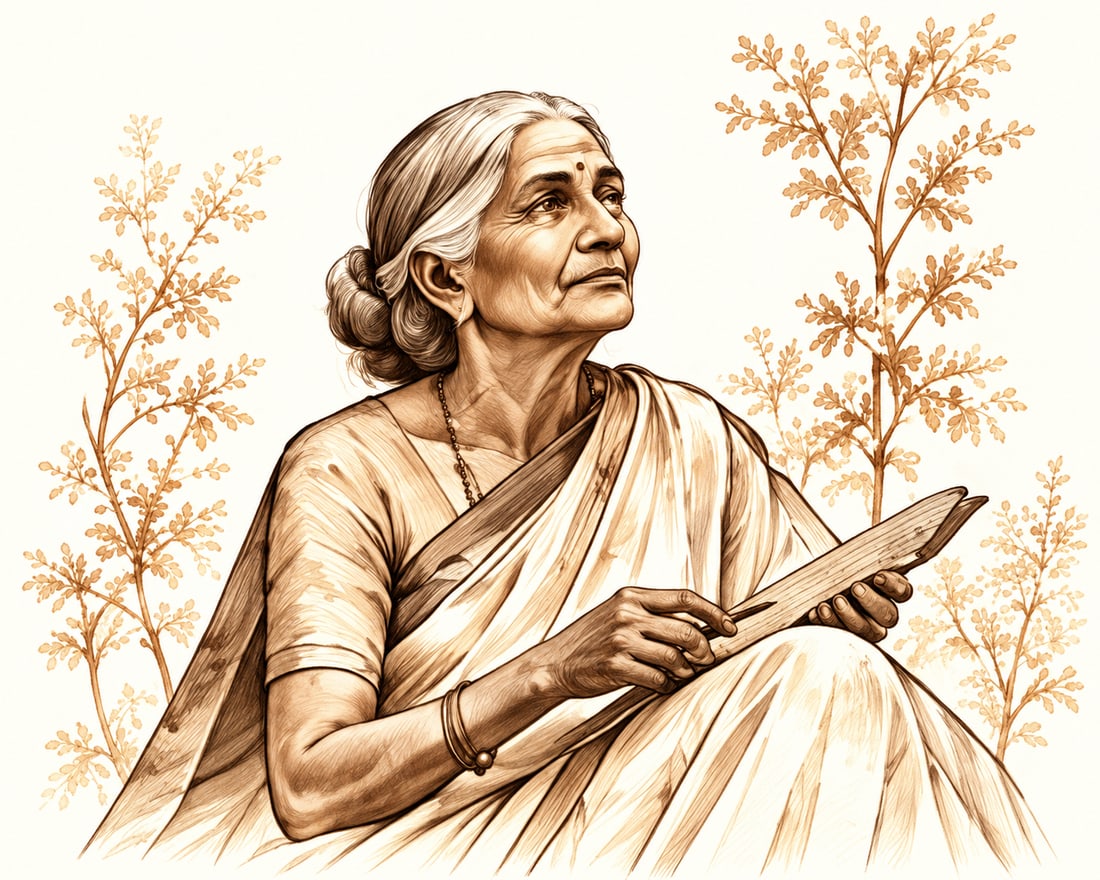 A sketch of Avvaiyar holding a palm-leaf manuscript