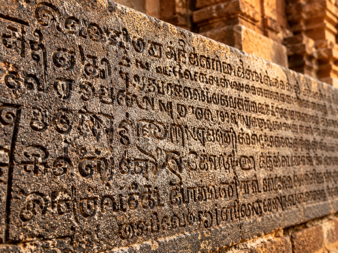 Old Tamil letters carved into a stone wall
