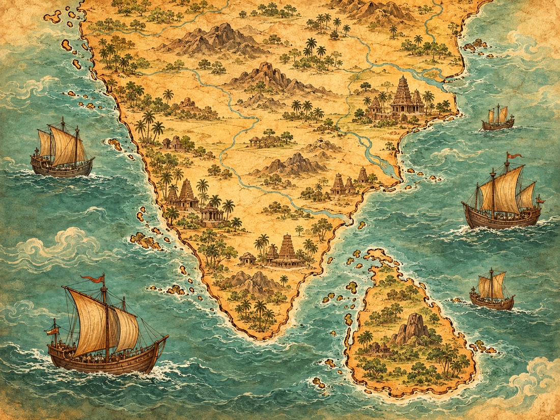 An old map of South India with sailing ships around the coast