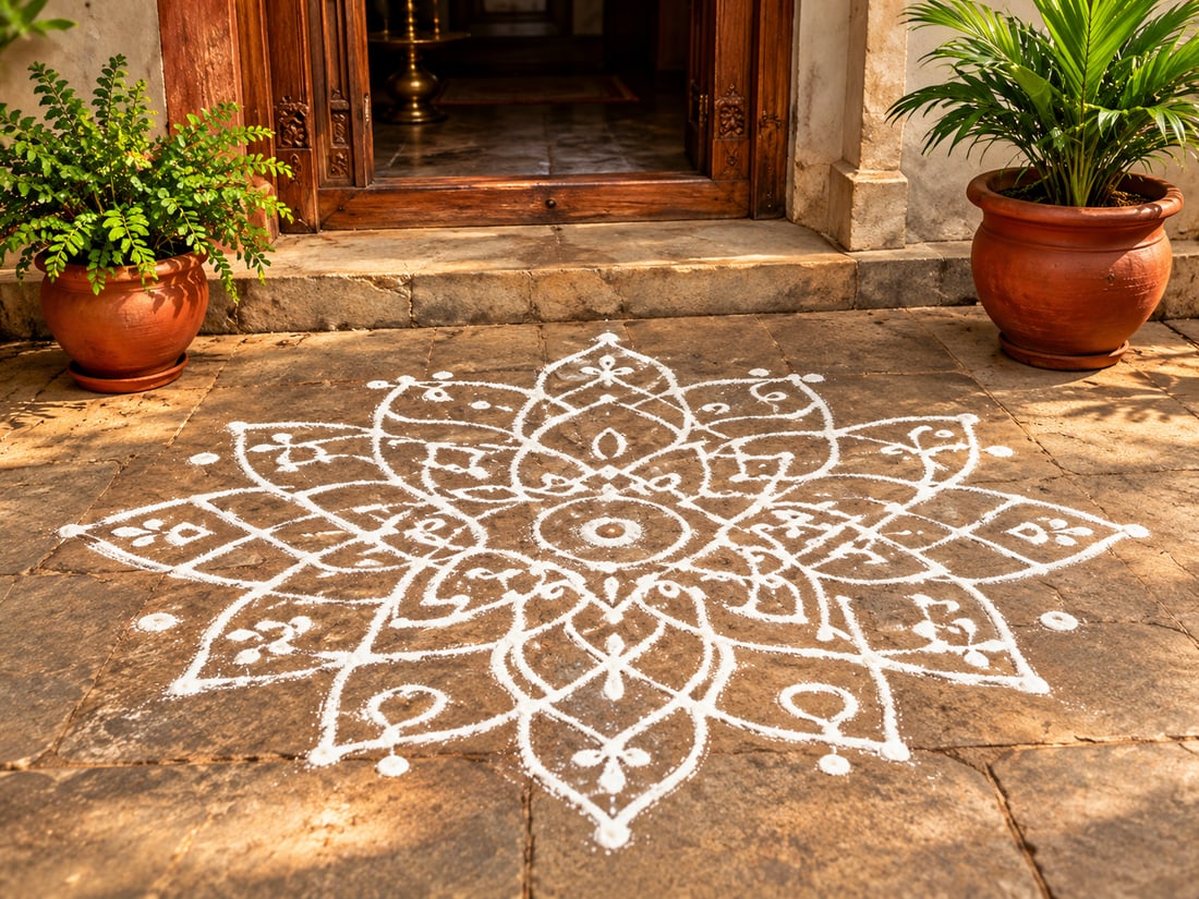 A white kolam drawn on the stone floor before a doorway with potted plants