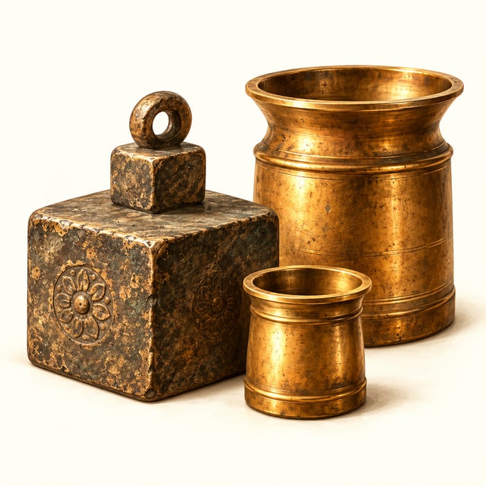 An old iron weight and two brass measuring vessels