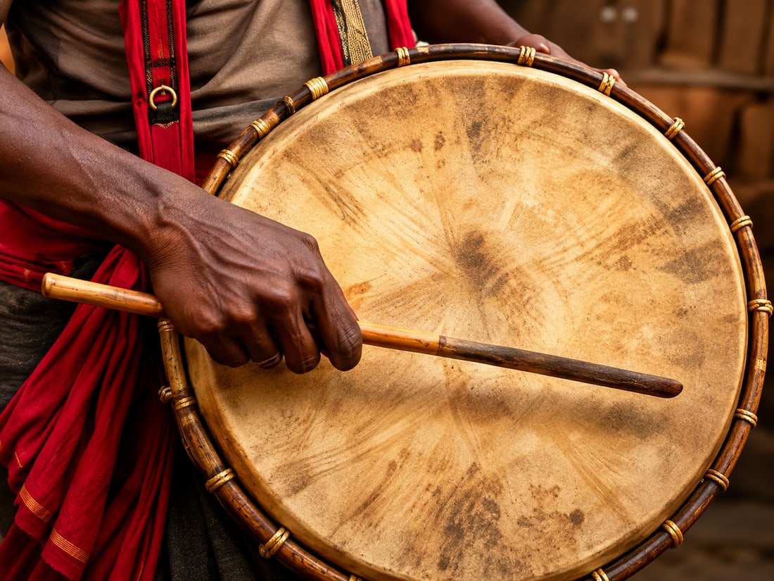 A hand striking a parai drum with a stick