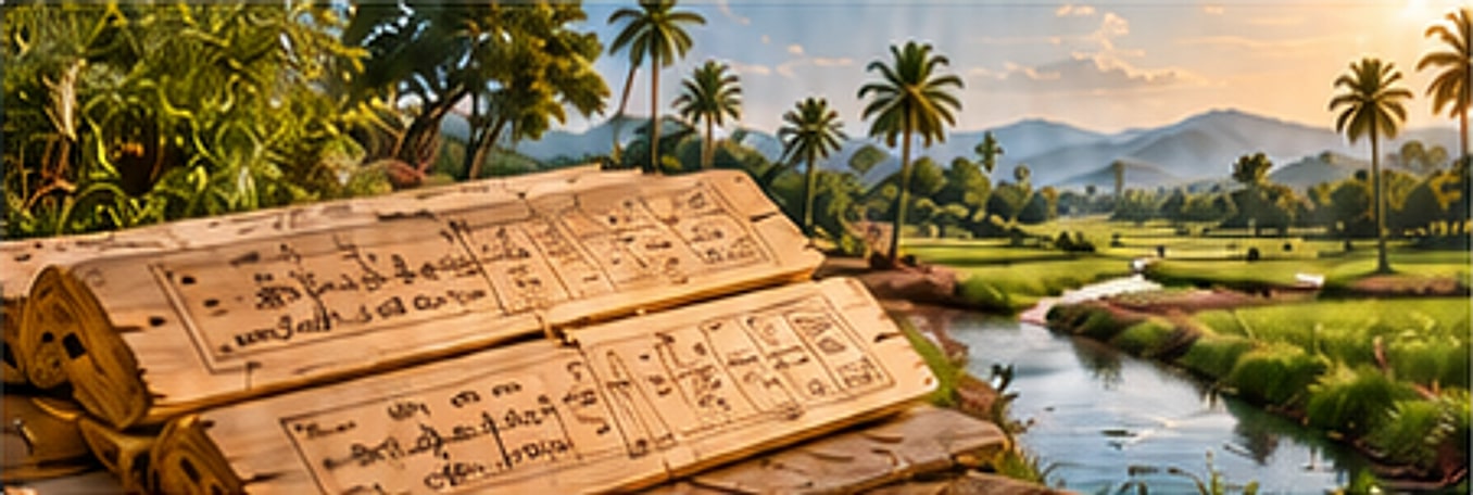 Palm-leaf manuscripts with drawings, beside a stream through paddy fields at sunset