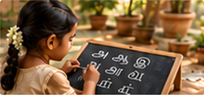 A girl writing Tamil letters on a slate