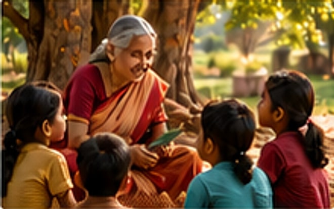 A grandmother telling a story to children under a tree