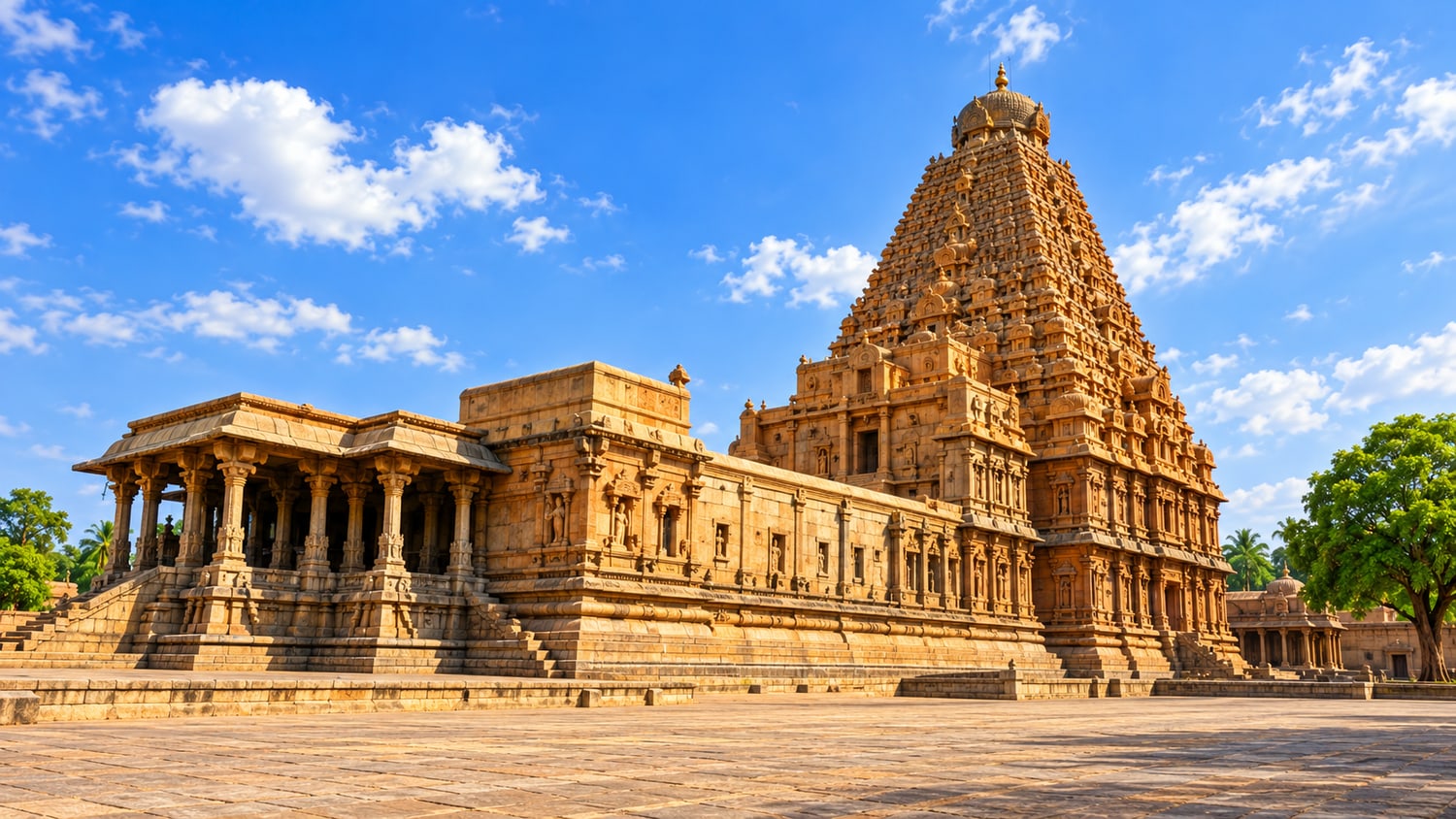 A great stone temple tower and its pillared halls under a blue sky