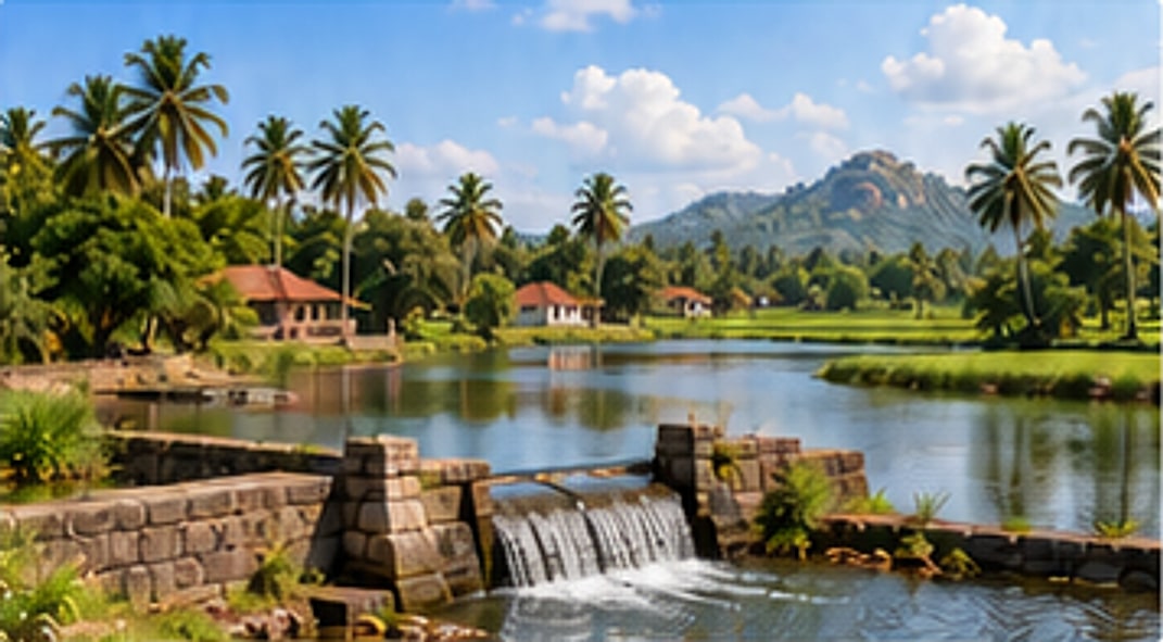 A stone sluice and a tank among palms and paddy fields, with hills behind