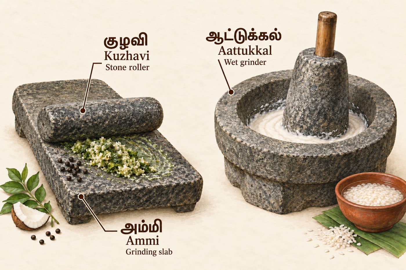 Ammi grinding slab and kuzhavi roller on the left, with an aattukkal wet grinder on the right, labelled in Tamil and English.
