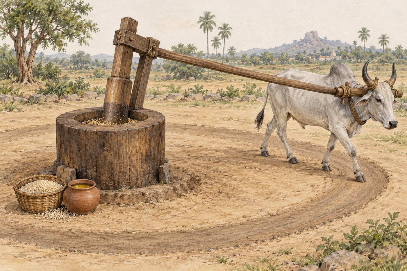 A bullock walking around a traditional chekku oil press, connected to its central mechanism by a wooden beam.