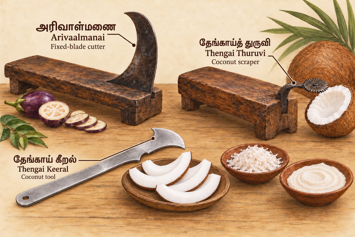 Arivaalmanai fixed-blade cutter, thengai thuruvi coconut scraper and thengai keeral coconut tool beside coconut pieces, shreds and paste.