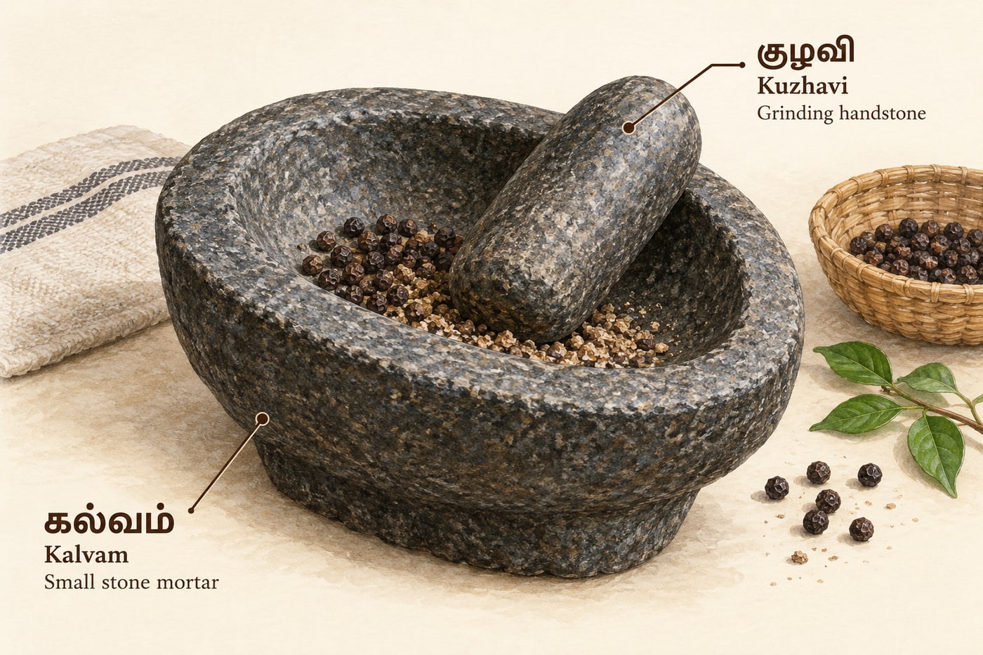 A small stone kalvam with its handstone and peppercorns, labelled in Tamil and English.