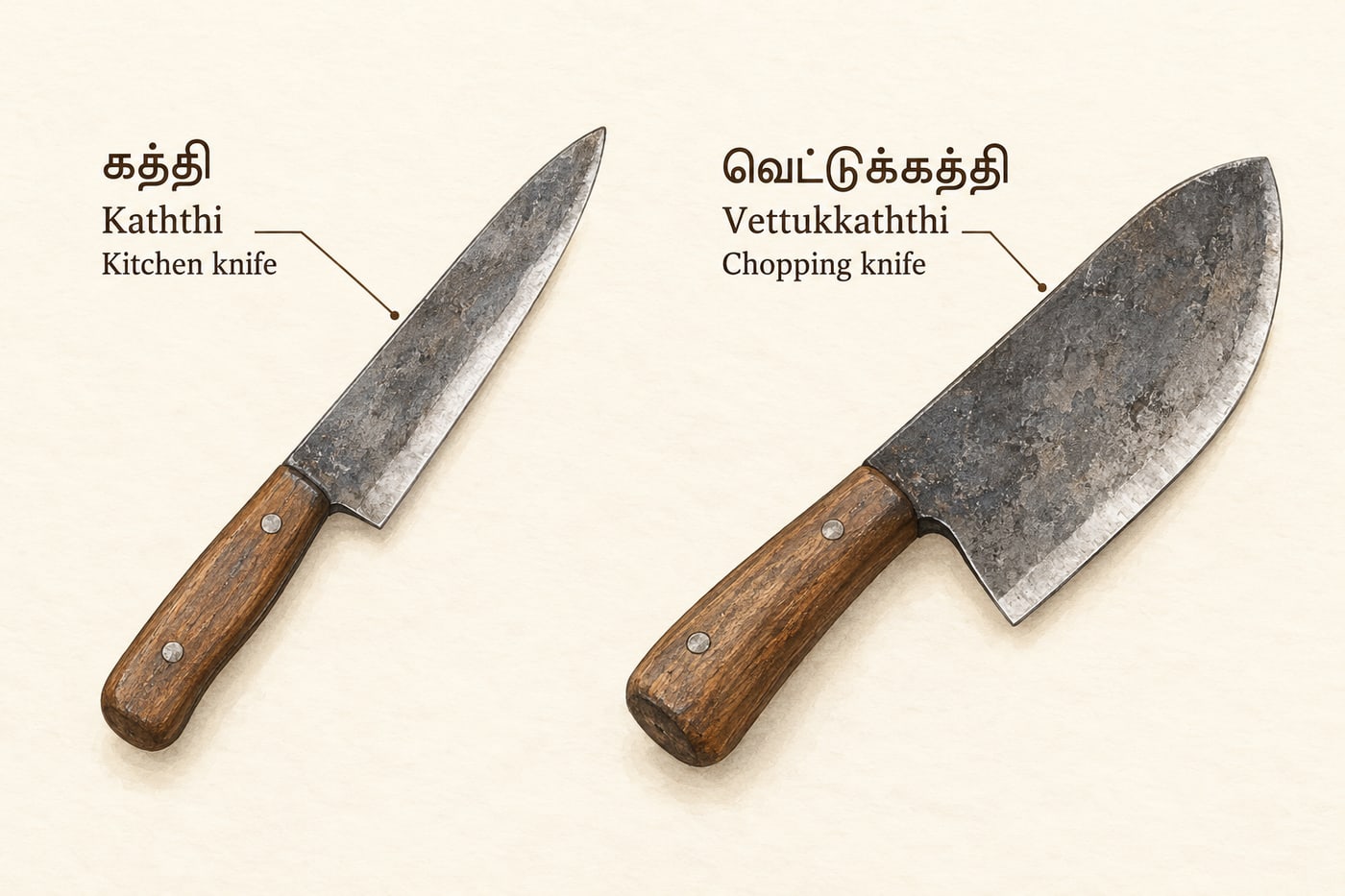 A smaller kaththi kitchen knife beside a larger vettukkaththi chopping knife, labelled in Tamil and English.