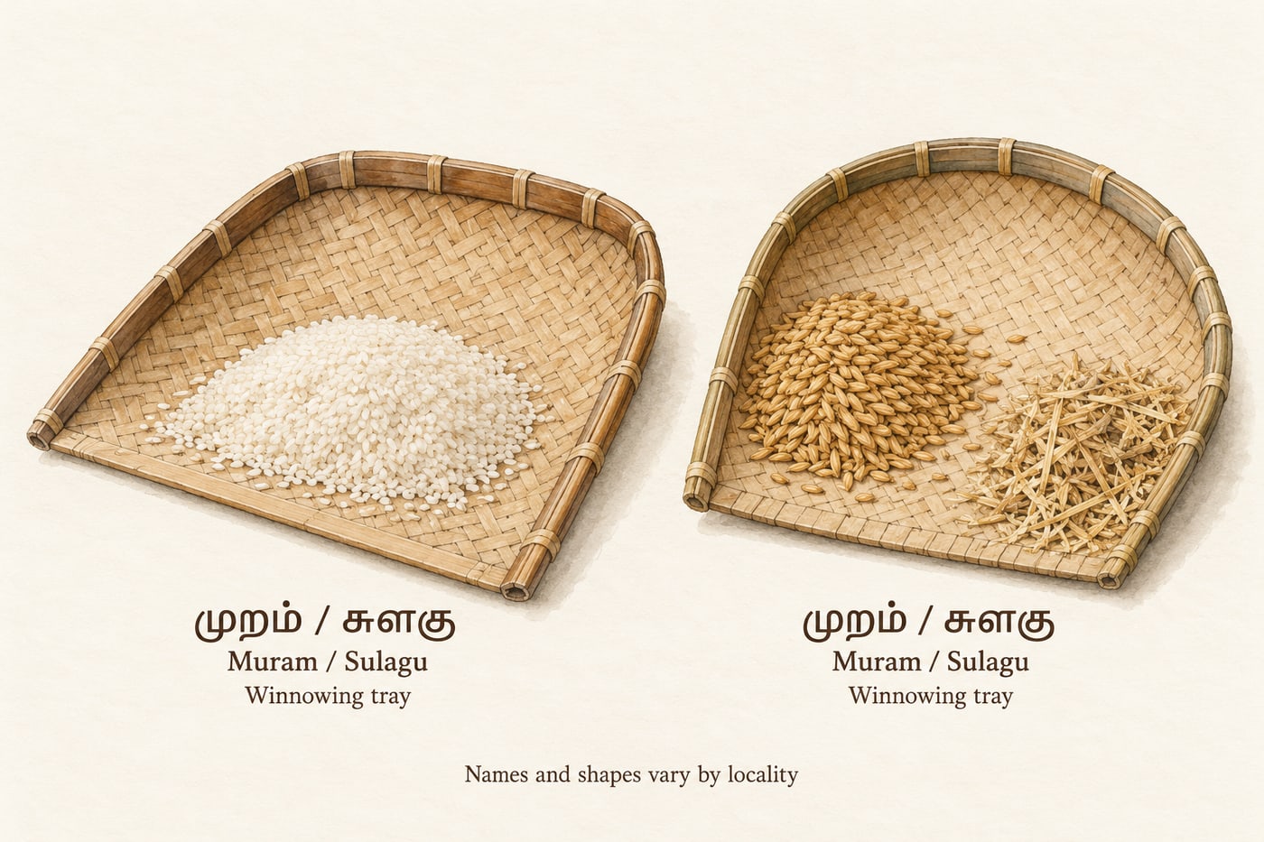 Two woven winnowing trays with grain and chaff, both labelled Muram and Sulagu in Tamil and English.
