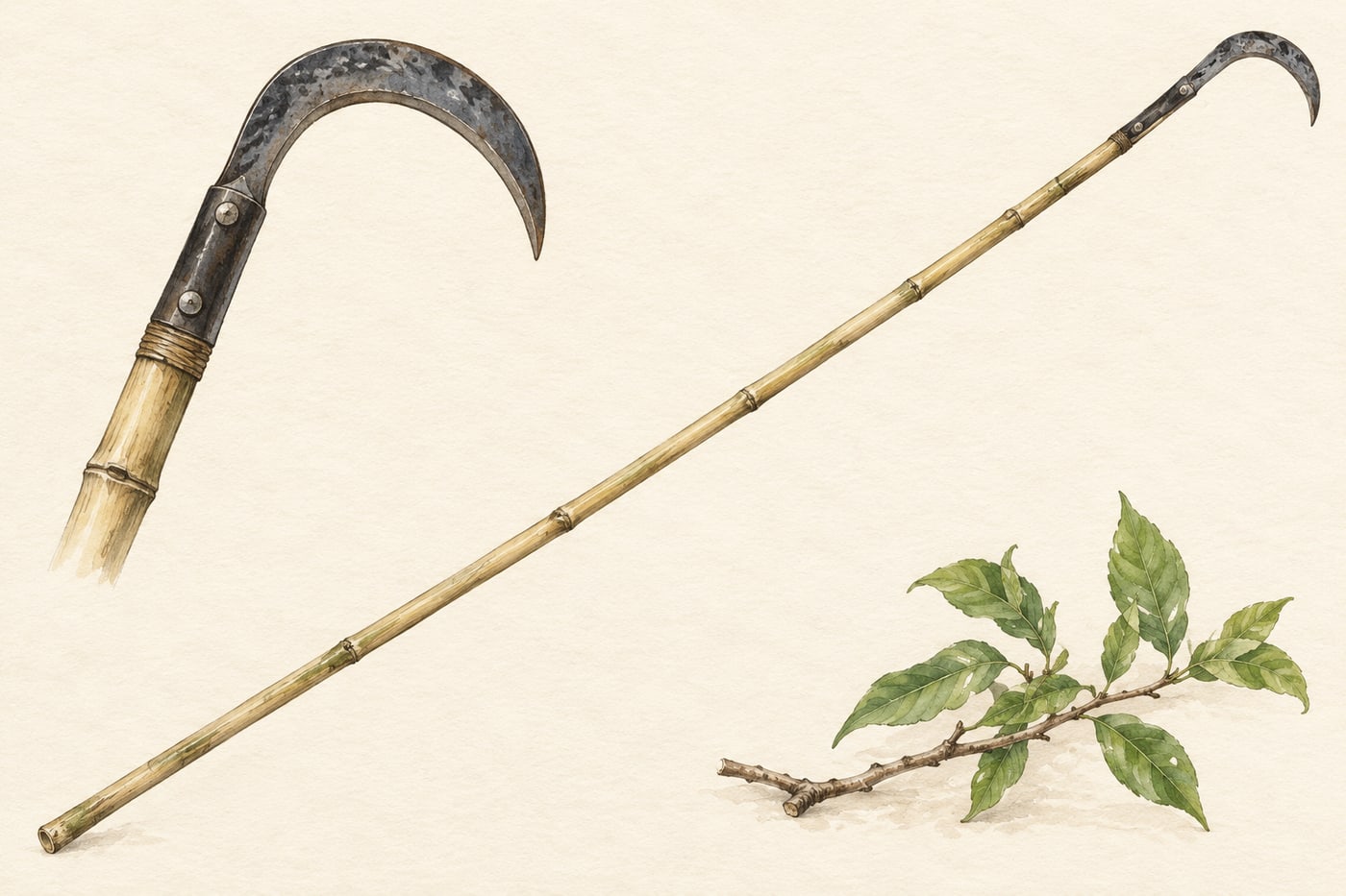 A long bamboo thoratti harvesting pole with an enlarged view of its metal head.
