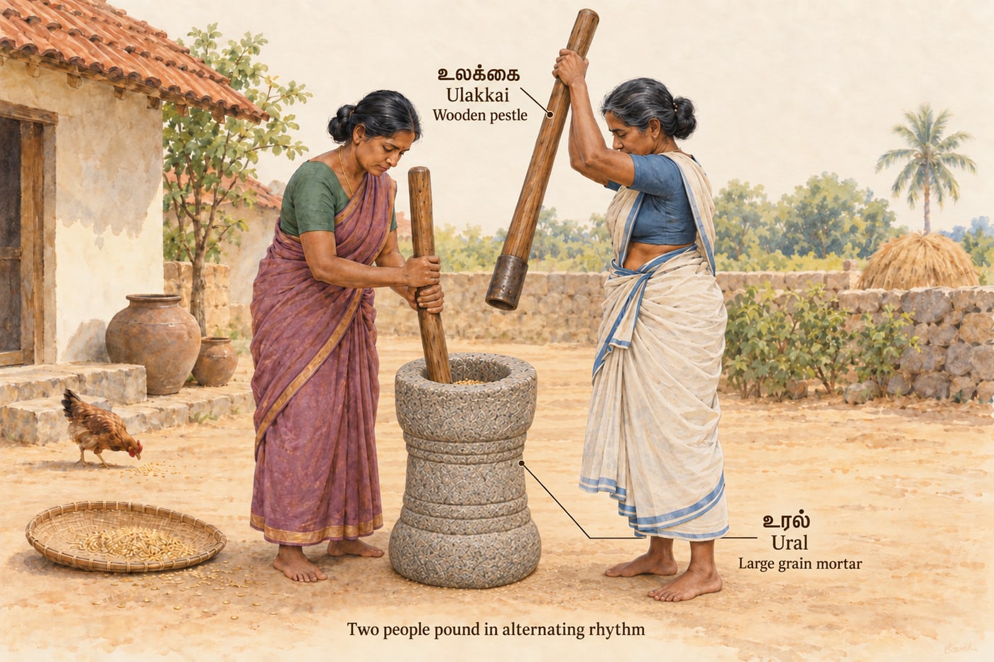 Two women using separate wooden ulakkai pestles alternately beside a tall stone ural, labelled in Tamil and English.