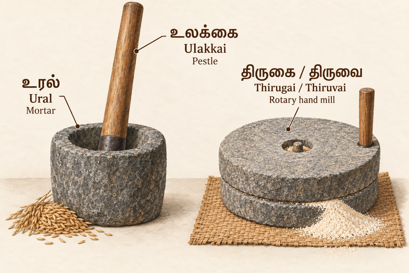 A ural and ulakkai beside a two-stone thirugai or thiruvai hand mill, labelled in Tamil and English.