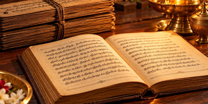 Palm-leaf manuscripts and an old Tamil book by lamplight