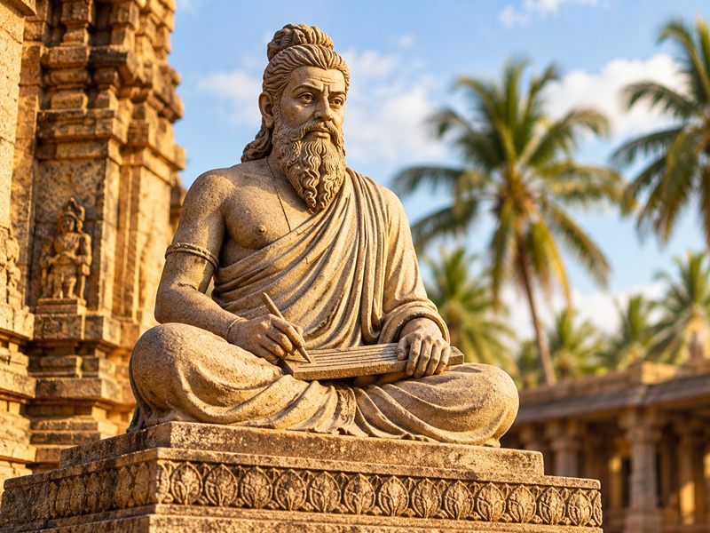 A stone statue of Thiruvalluvar writing on palm leaf