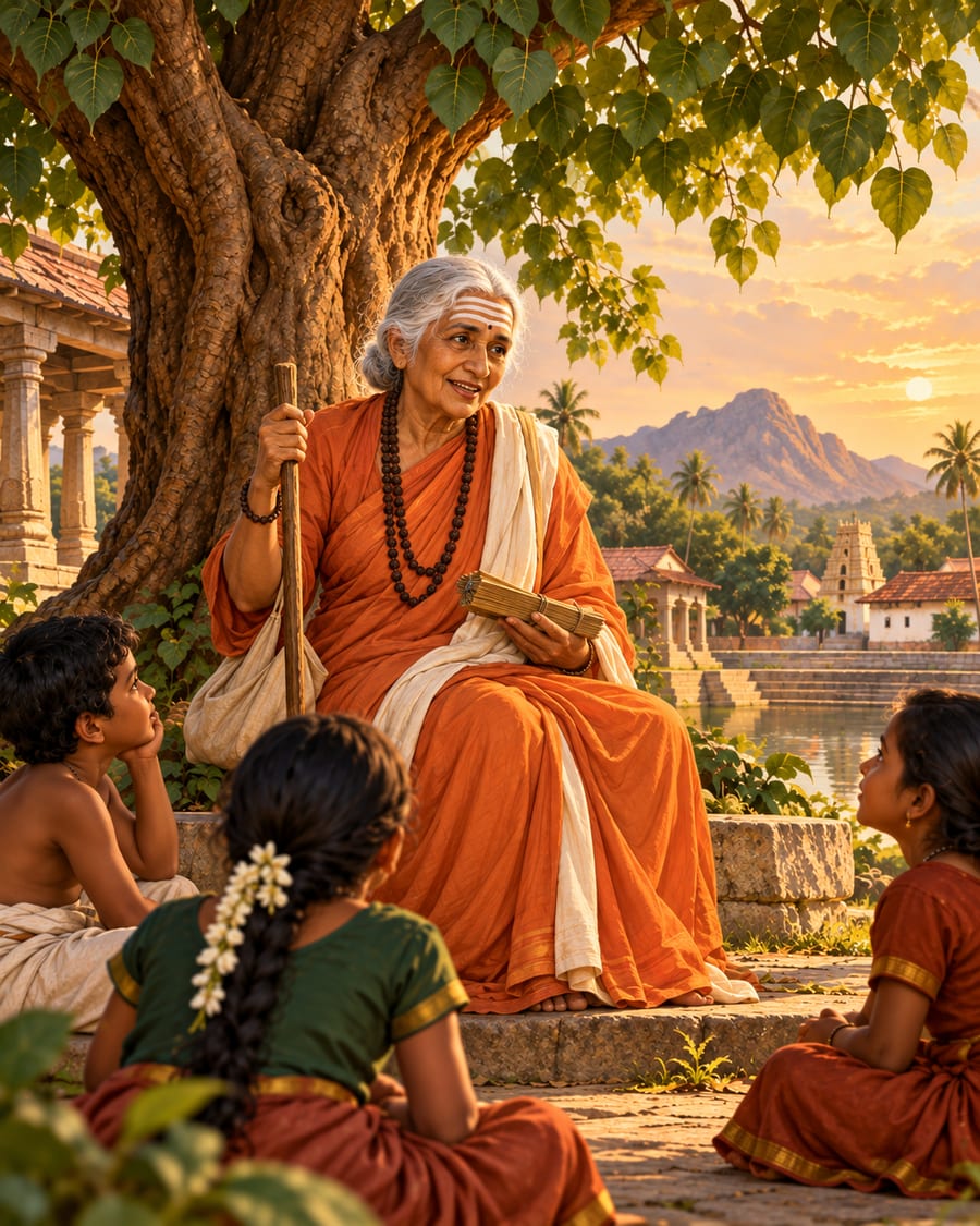 An artist’s painting of Avvaiyar as an elderly poet with a staff and palm-leaf manuscripts, teaching three children under a tree beside a temple tank at sunset