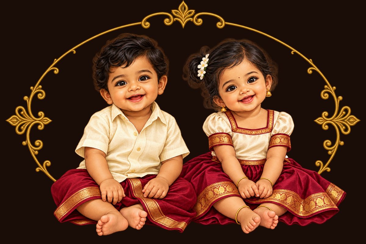 A smiling baby boy in a cream shirt and maroon veshti beside a baby girl in a silk pavadai with jasmine in her hair