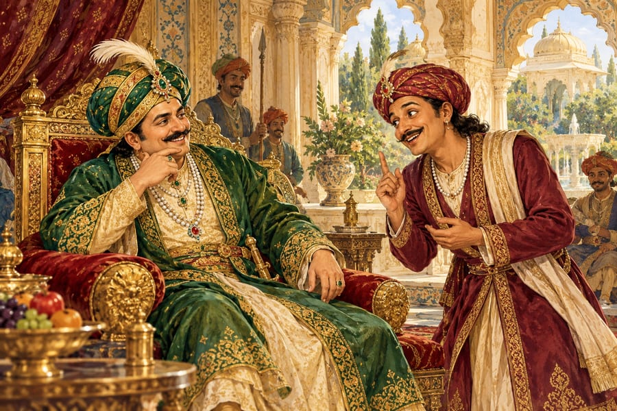Emperor Akbar and Birbal in conversation at court