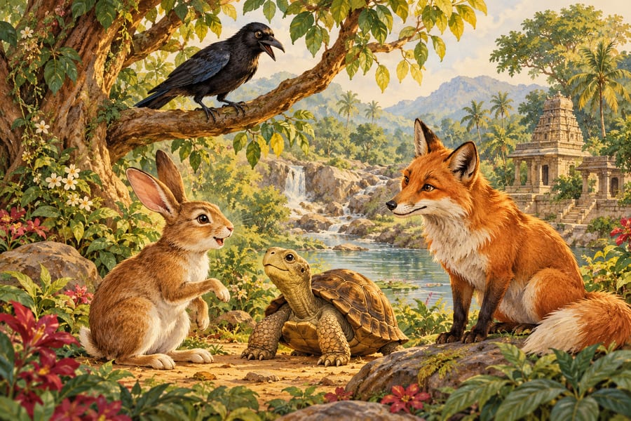 A rabbit, a tortoise, a crow and a fox in a forest clearing