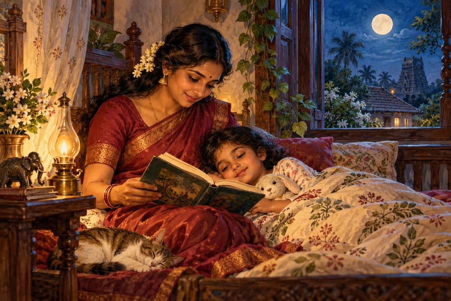 A mother reading to a sleepy child by lamplight under a full moon