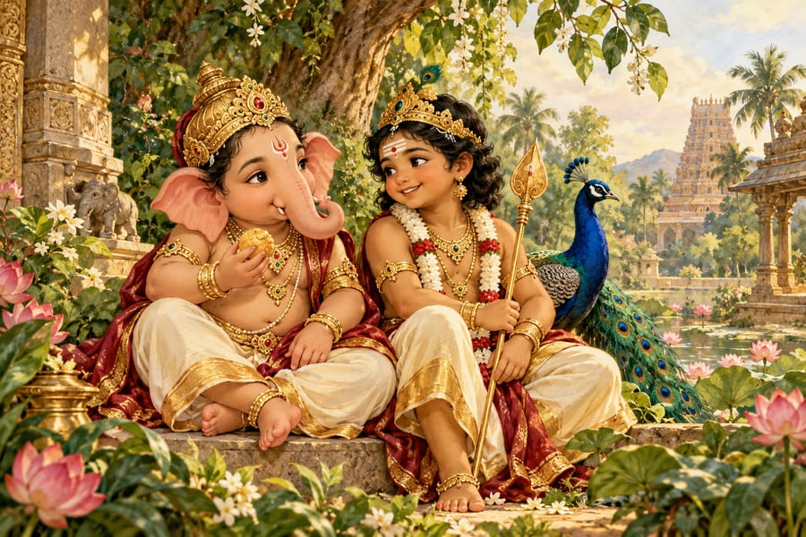 Young Ganesha and Murugan with a peacock in a garden
