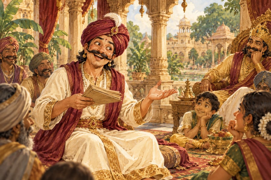 A clever court storyteller with a scroll, thinking