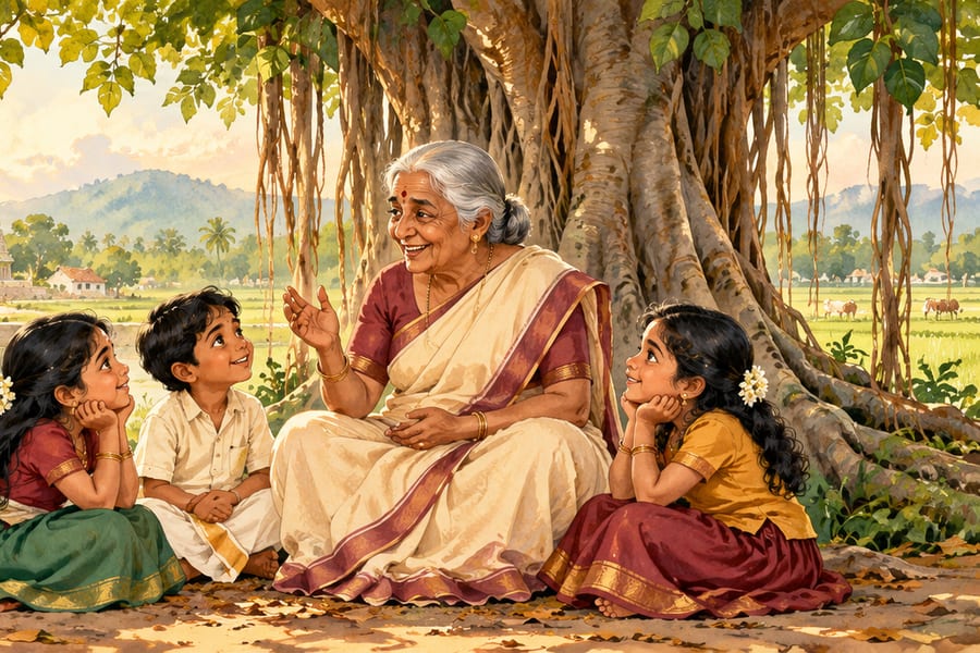 A grandmother telling a story to three children under a banyan tree