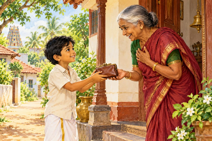 A boy returning a lost purse to an elderly woman at her doorstep