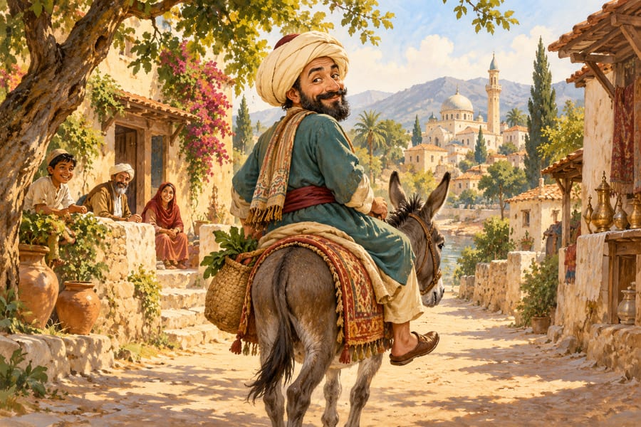 Mulla Nasruddin leading his donkey through a sunny village