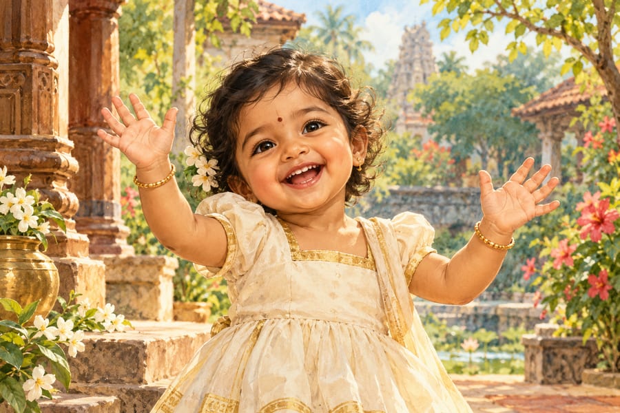 A happy toddler waving in a sunny garden