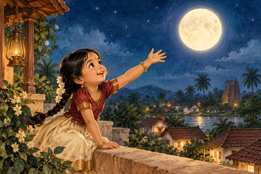 A little girl reaching up towards the moon on a starry night