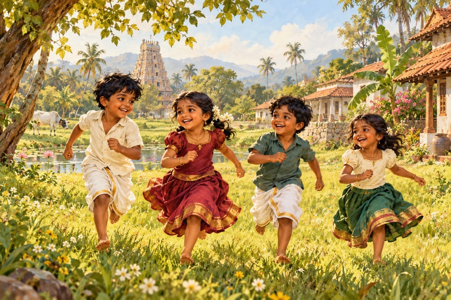 Children running and playing in a village field