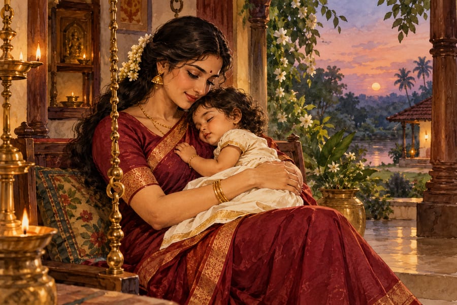 A mother rocking her baby to sleep at dusk