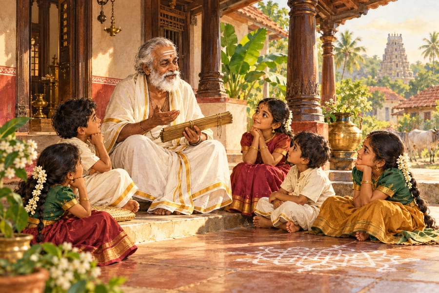 An elder reading palm-leaf manuscripts to children on a veranda