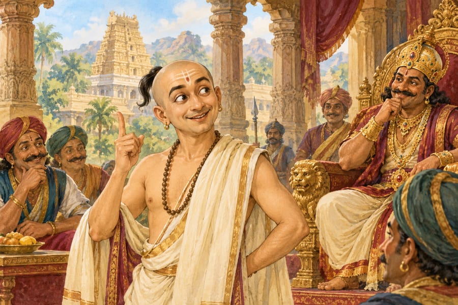 Tenali Raman with a raised finger, explaining a clever idea in a palace