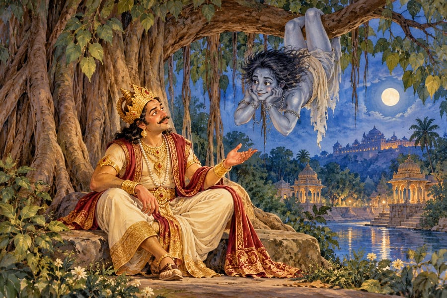 King Vikramaditya beneath a banyan tree with the spirit on a moonlit night